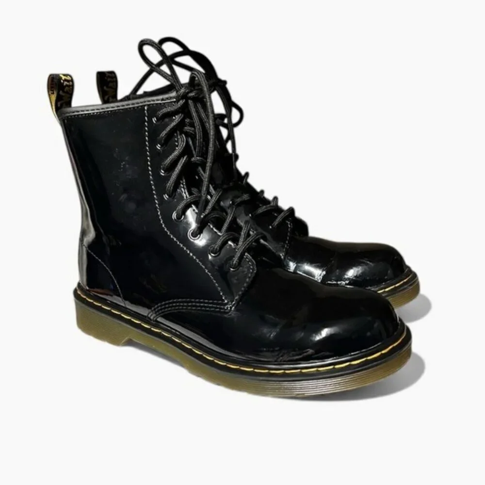 🌻NEW Dr. Martens 1460 Youth Patent Leather Lace-Up Boots Yellow Stitch Boots